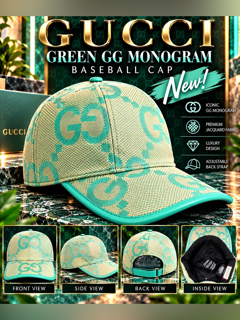 Gucci Green Canvas Cap with Teal Monogram Leather Trim🔥New!